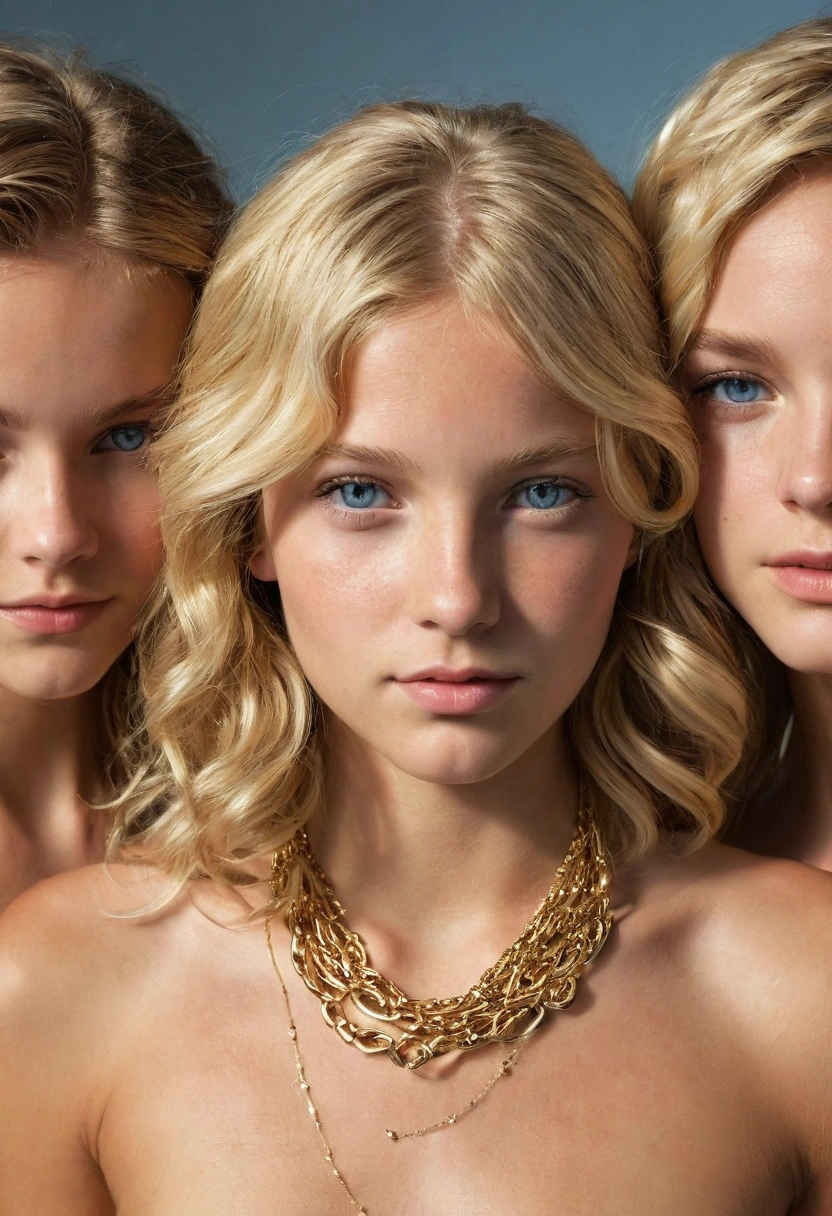 (photorealism:1.2), 4 beautiful young looking girls, nude , wavy blonde hair, small breasts, slim, skinny body ,sunburnt skin, 2 small gold necklace , light blue eyes
Full frontal photo, wide view