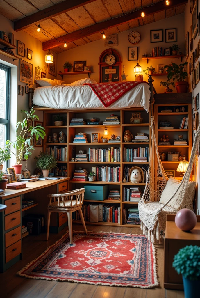 Hipster bedroom with lots of decor and figure collection of smiski and ambient lighting add more decorations and smiski collections and add a bookshelf filled with good books and a white hammock in the corner add a loft bed (a double decker but with only one bed and it's at the top and the bottom is empty and has a desk) ADD MORE DECORATIONS BE CRAZY