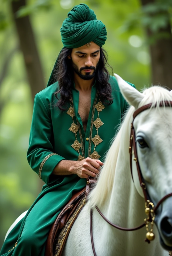 A very handsome young man is riding a white horse ,black  long hair , blue eyes , triangle face , big eyes with black  beard white face green   turban  on head in a beautiful green color dress with green  shirt  full neck seeing in ground 