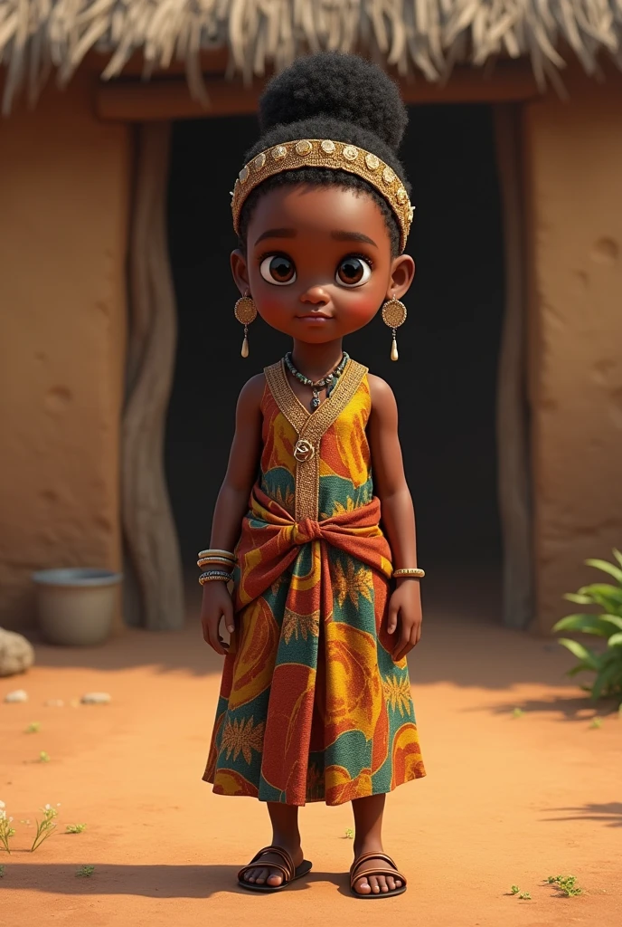 realistic full picture of Chiamaka, girl, 2, with low cut hair, packed with an African styled hair band, wears an African attire, standing in front of a village hut'.