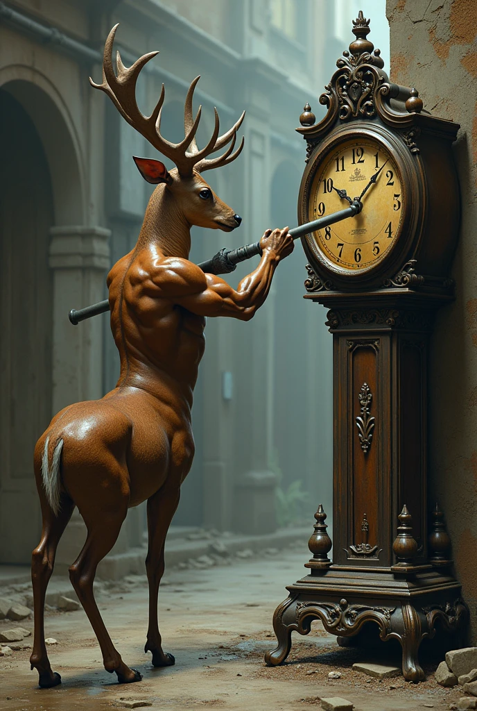 A muscular deer pointed this steel pipe at the clock.