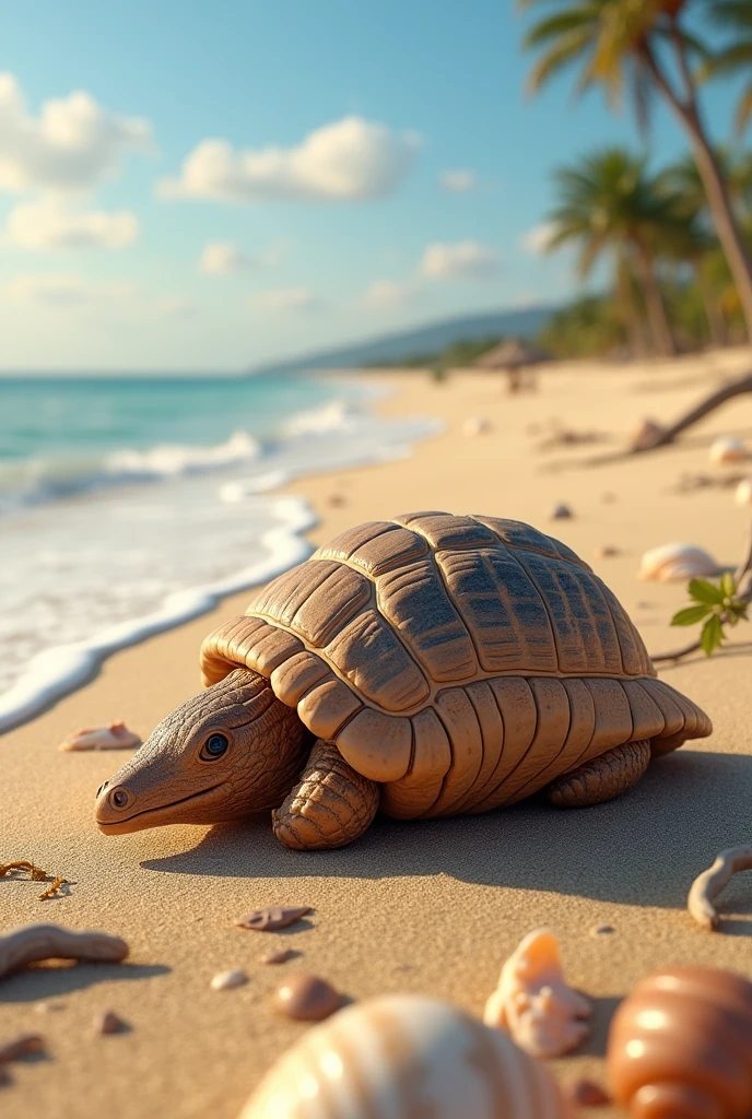 8k, Ultra resolution,photorrealistic,realistic armadillo shell on the beach