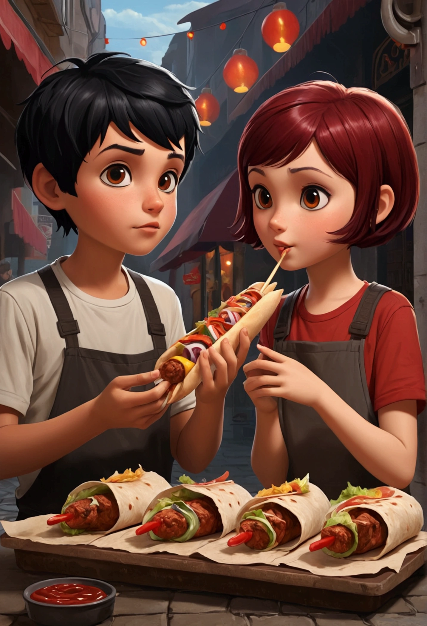 boy 2 with black hair medium lenght and girl 2 with dark red short hair ordering a kebab