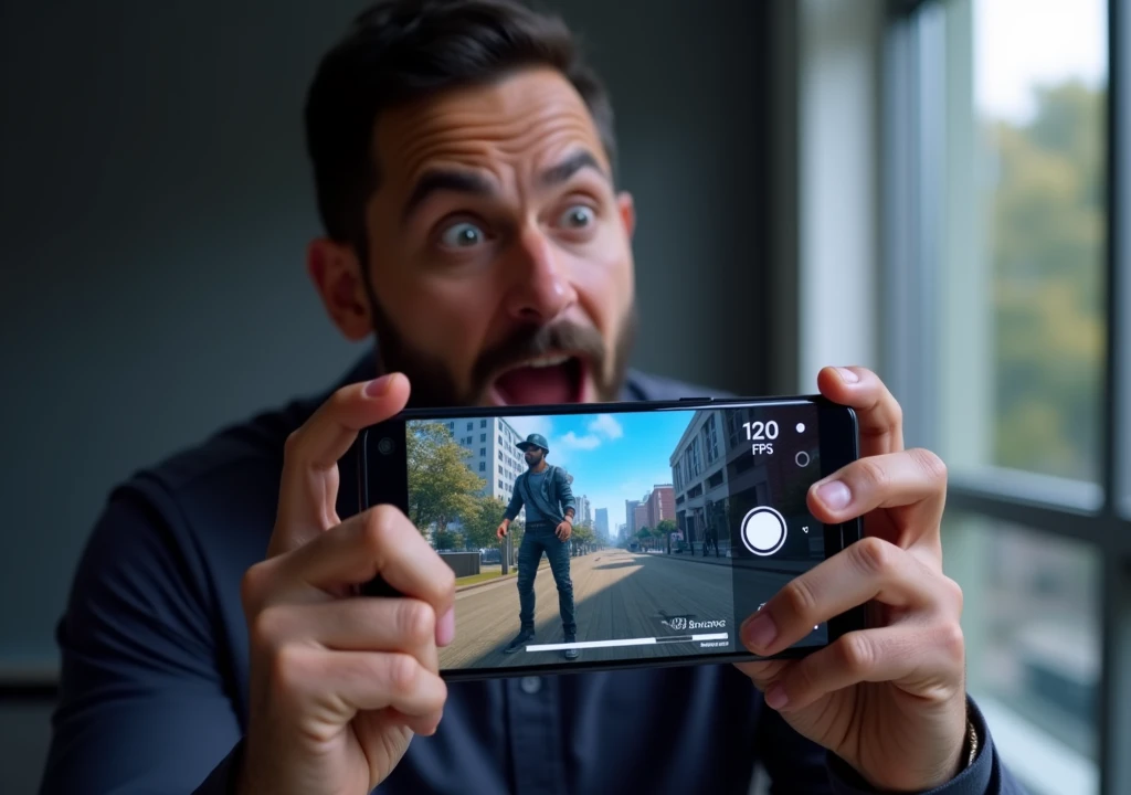 Samsung S24 phone in the hands of a surprised man and it has 120 fps bgmi with heating indicator