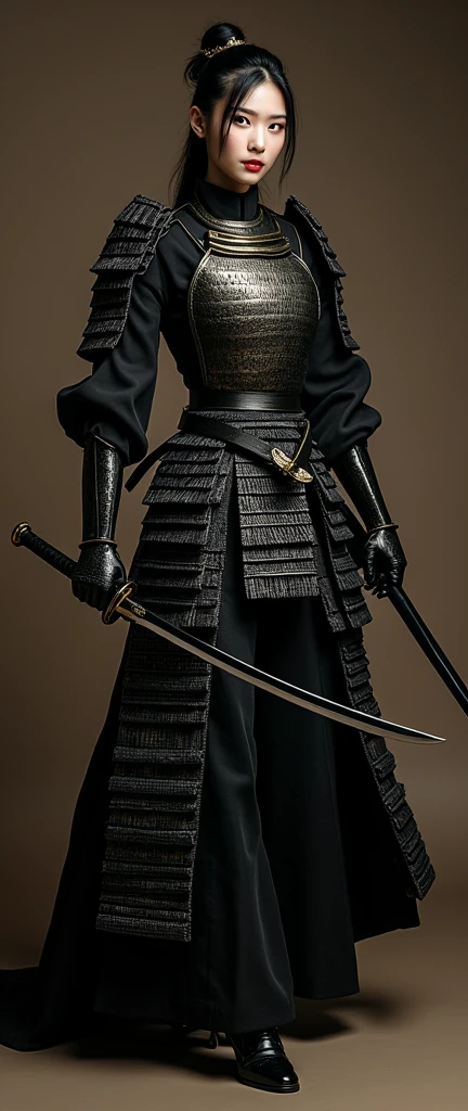 a chic ensemble stylish asian woman in samurai armours saunting with swagger strife with katana slicing (best quality,4k,8k,highres,masterpiece:1.2),ultra-detailed,(realistic,photorealistic,photo-realistic:1.37),HDR,UHD,studio lighting,ultra-fine painting,sharp focus,physically-based rendering,extreme detail description,professional,vivid colors,bokeh,portrait,high fashion,elegant,glamorous,cinematic,dramatic lighting,moody,mysterious,sensual,sophisticated