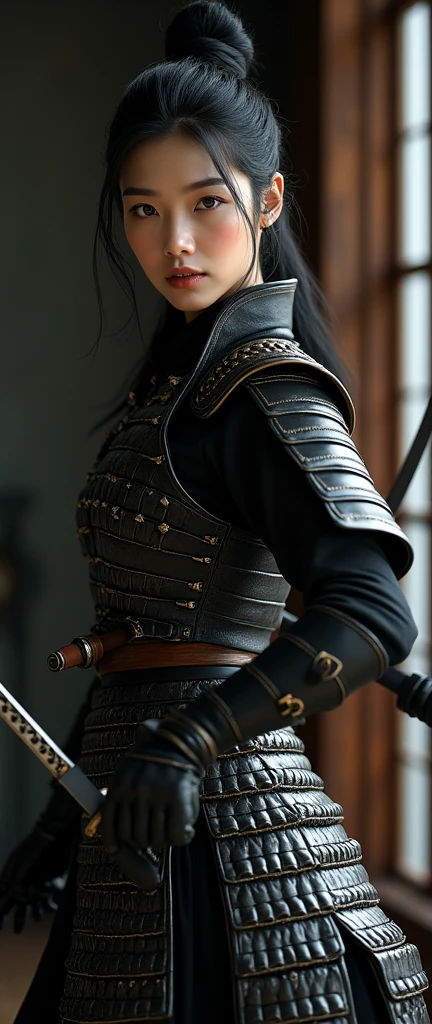 a chic ensemble stylish asian woman in samurai armours saunting with swagger strife with katana slicing (best quality,4k,8k,highres,masterpiece:1.2),ultra-detailed,(realistic,photorealistic,photo-realistic:1.37),HDR,UHD,studio lighting,ultra-fine painting,sharp focus,physically-based rendering,extreme detail description,professional,vivid colors,bokeh,portrait,high fashion,elegant,glamorous,cinematic,dramatic lighting,moody,mysterious,sensual,sophisticated