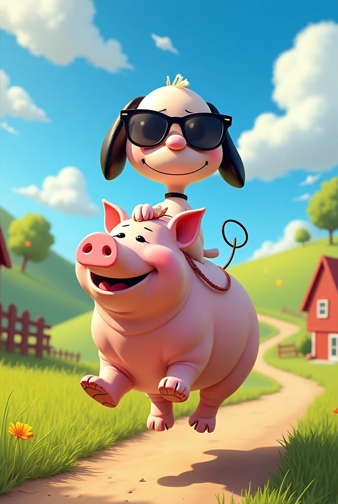 Snoopy wearing sunglasses riding a cool pig