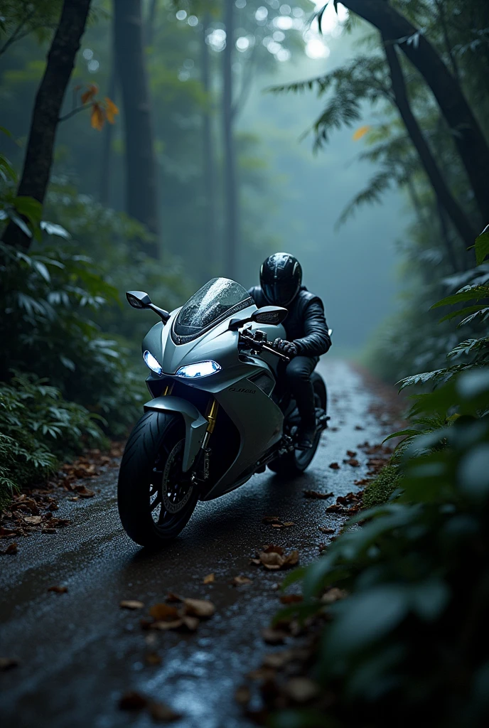 Silver moter bike dark night jungle