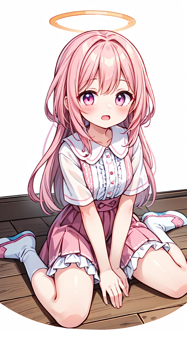 pink outfit-yam pastry,1girl,pink_hair,halo,solo,solo,milf, blush, looking at viewer, open mouth,
from,
masterpiece, best_quality, clear details,1girl, (wariza on_floor),
white_background,simple_background