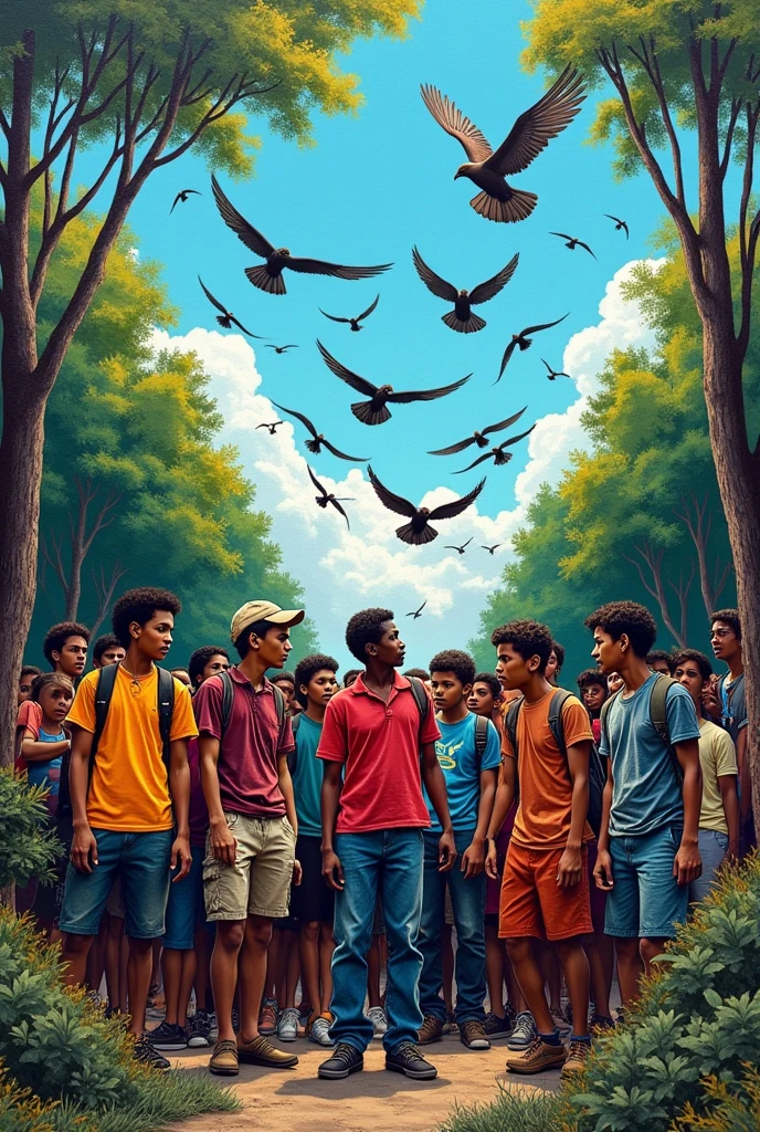 Generate a graffiti, based on the words: Freedom, youth, Restrictions and ignorance with birds and trees, din people