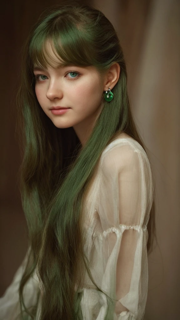 a girl. European. Extremely detailed face. Oval face. Delicate facial features. Half-closed eyes. Long straight hair. Messy hair. Bangs. Green hair. Green eyes. earrings. Pensive. Melancholic. Ethereal. Innocent. smile
