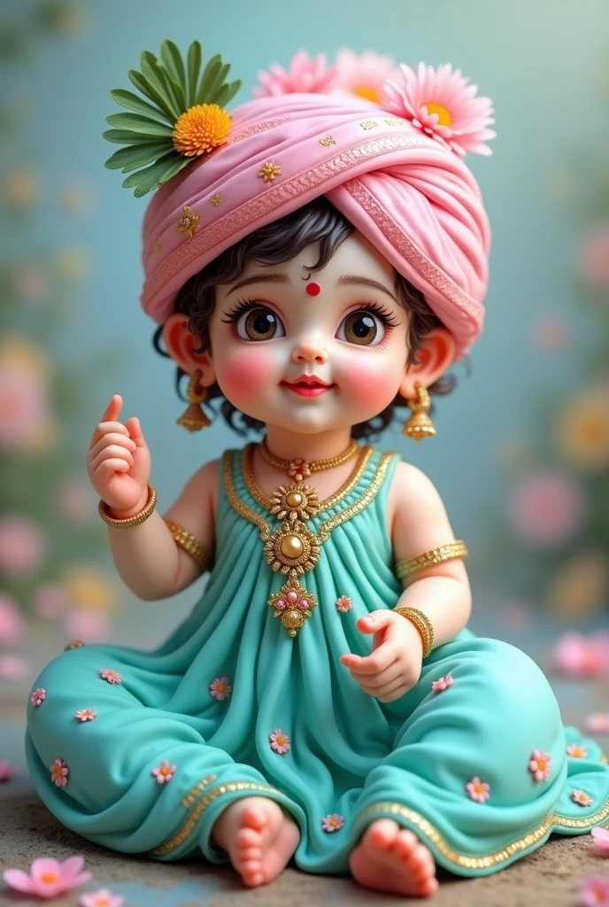Laddu gopal murti  in firozi colour dress with pink pagdi  