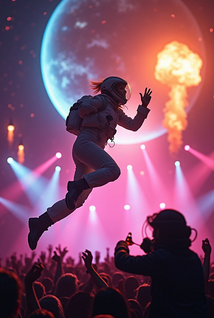 Woman fell from space to an electronic music concert and with the word sbagliato in the background, while a planet explodes and a bottle of whiskey is opened by a DJ