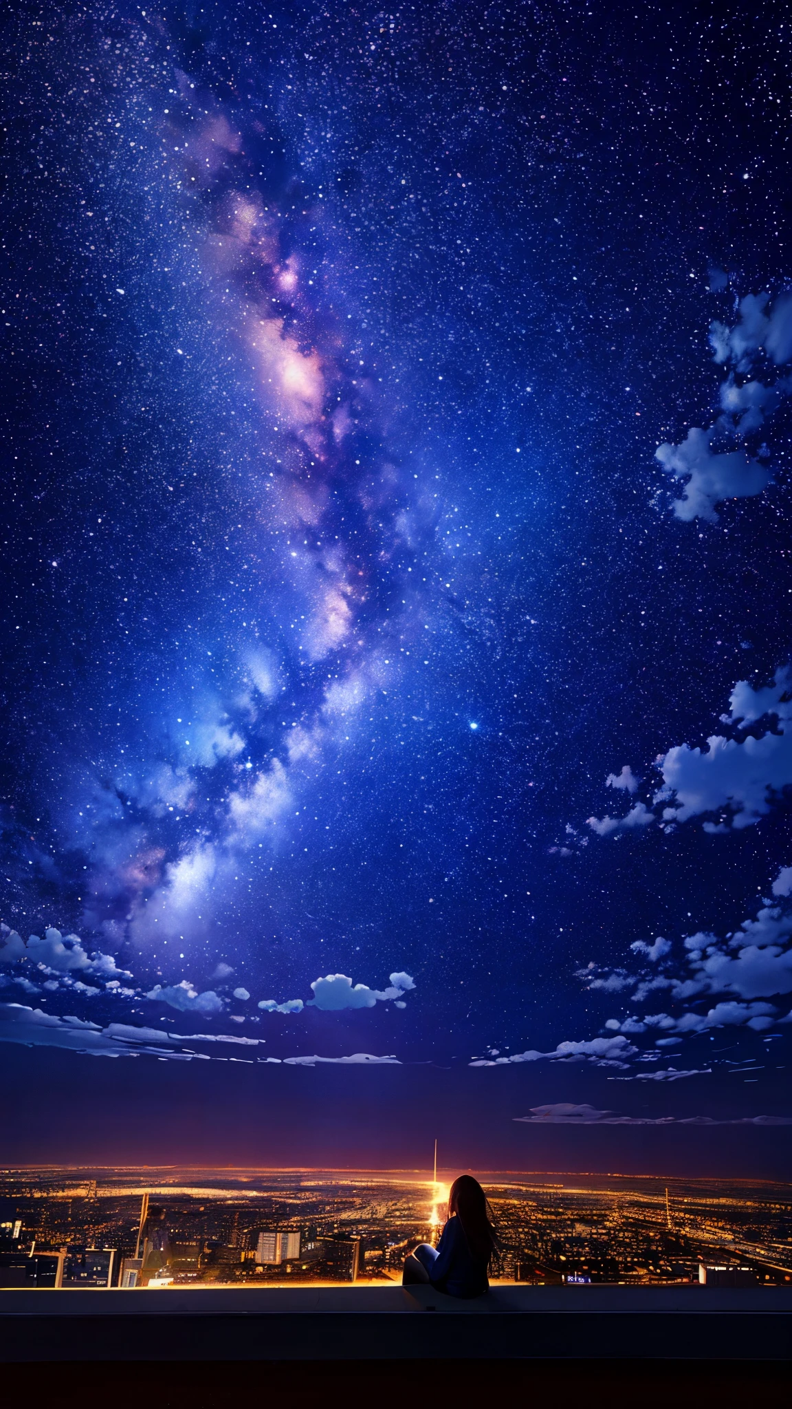 octans, sky, star (sky), scenery, starry sky, night, 1girl, night sky, solo, outdoors, building, cloud, milky way, sitting, tree, long hair, city, silhouette, cityscape