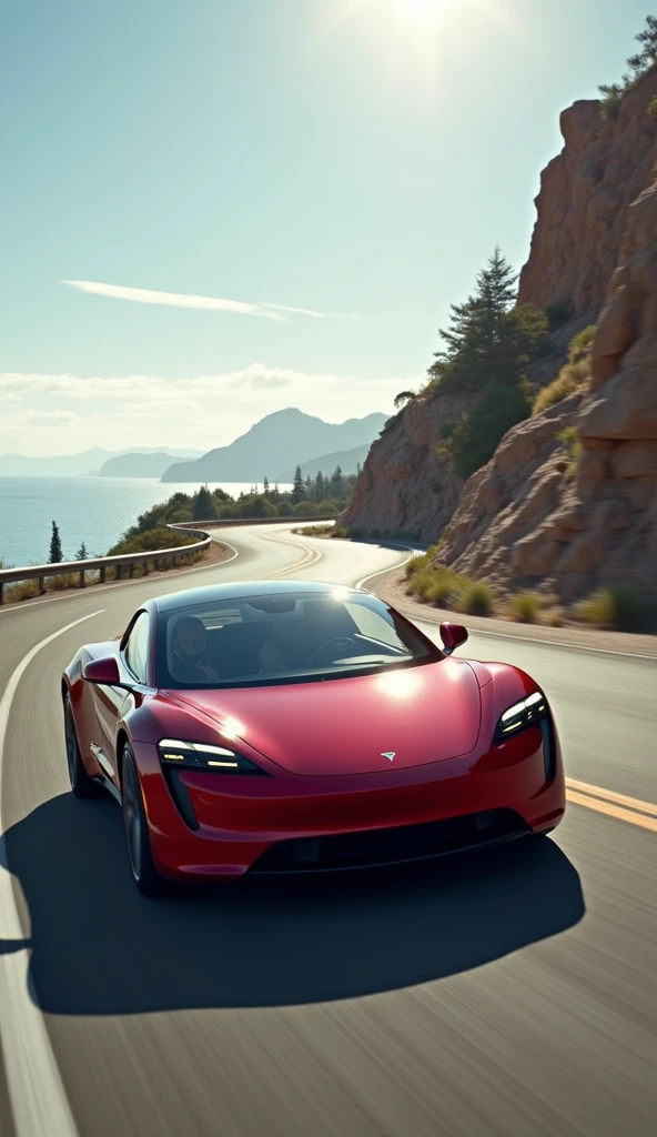 Early Test Drive**: A photo of a Tesla Roadster being test-driven on a scenic road or track, capturing the excitement and innovation of the moment.