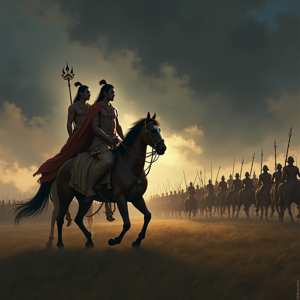 Illustrate Arjuna in his chariot, standing in the center of the battlefield, his bow lowered as he gazes at the vast army of the Kauravas. His face should express a deep sense of sorrow and internal conflict, as he contemplates the consequences of the battle. The Kauravas, depicted as formidable warriors, stand ready for battle, their faces obscured, symbolizing the faceless nature of war and aggression. In the background, a dark, swirling sky should reflect the turmoil in Arjuna's heart. Krishna, seated calmly beside Arjuna, should be portrayed with a serene, yet concerned expression, representing his divine wisdom and guidance. The image should evoke the heavy weight of Arjuna's realization that killing these aggressors will only bring sin and sorrow, not joy or peace.