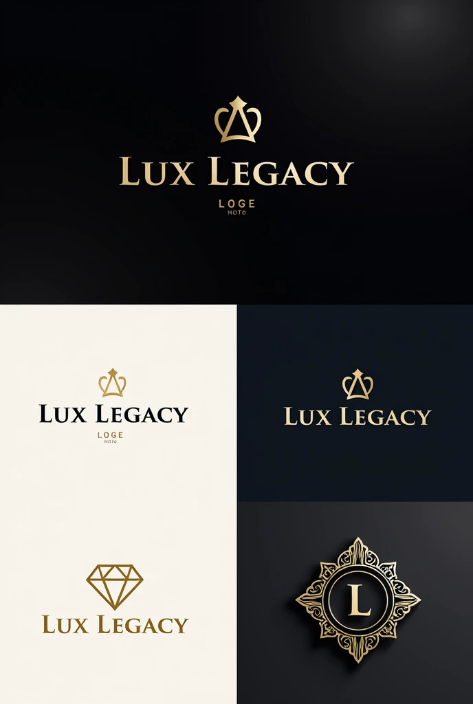 Minimalist Crown: A sleek, golden crown placed above or beside the text "Lux Legacy" in an elegant, serif font. The crown represents luxury and success.Diamond Emblem: A stylized diamond icon with the initials "LL" inside, set against a deep black or rich navy background. The diamond signifies wealth, and the initials keep the logo simple yet impactful.Golden Monogram: A monogram combining the letters "L" and "L" in a luxurious gold hue, with a subtle sparkle effect. The design could be encased in a circular frame for a polished look.Signature Style: The name "Lux Legacy" in a refined, cursive font that mimics a luxury brand signature. A subtle underline or flourish can add sophistication.Luxury Shield: A classic shield design with ornate detailing, containing symbols like a key or crown, with "LL" at the center. This design evokes prestige and heritage.