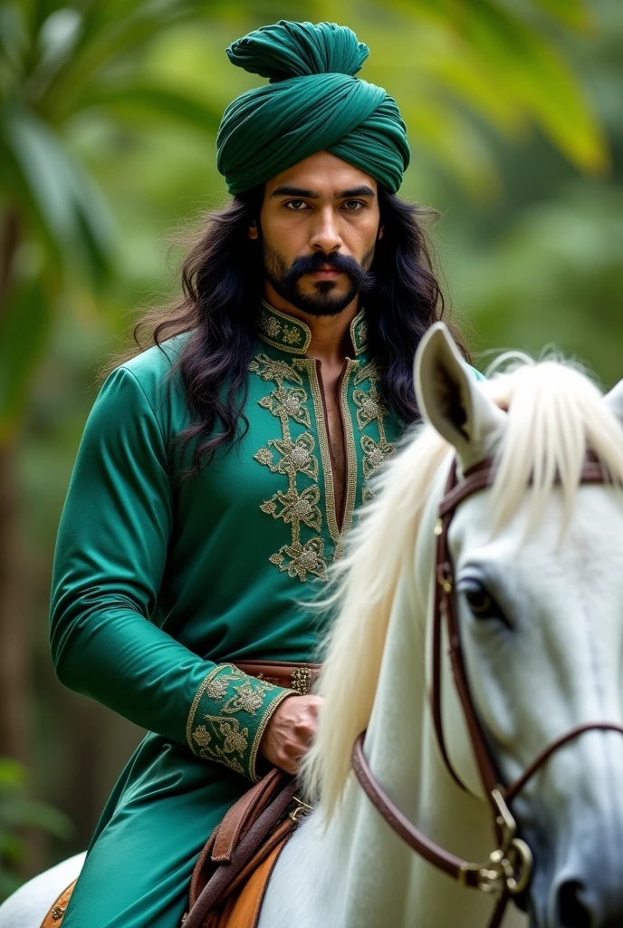 A very handsome young man is riding a white horse ,black long hair , blue eyes , triangle healthy, healthy body face , big eyes with black beard white face green turban on head in a beautiful green color dress with green shirt full neck seeing in ground