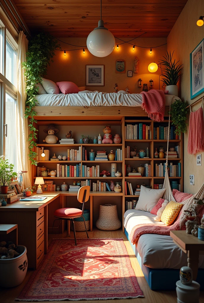 Hipster bedroom with lots of decor and figure collection of smiski and ambient lighting add more decorations and smiski collections and add a bookshelf filled with good books and a white hammock in the corner add a loft bed (a double decker but with only one bed and it's at the top and the bottom is empty and has a desk) ADD MORE DECORATIONS BE CRAZY 