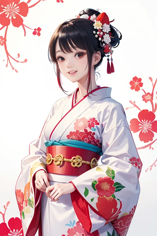 A beautiful young woman wearing brightly colored Japanese clothing、A charming expression、The upper white teeth are visible、(Japanese clothing with red floral pattern on a white background、Bright and vividly colored kimono)、((SeaArt creates beautiful women in kimono))、Full Body Shot、background、Shrines and temples、The atmosphere is like that of a Japanese Ukiyo-e painting.、
