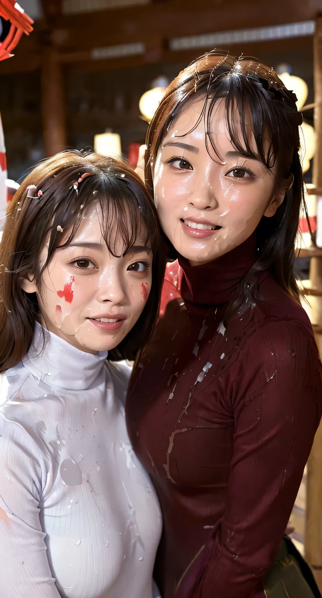 (Tabletop、Highest quality、8k、Award-winning works、Ultra-high resolution)、(Group photo of two women 1.4)、(The perfect red turtleneck:1.65)、(Smeared red turtleneck sweater:1.1)、Both((Very huge  bigger than a face:1.65))、Accentuate your body lines、very long wavy hair、Bright and shiny lipstick、(The biggest smile looks at me:1.1)、(Please smile widely and show your beautiful teeth.:1.1)、(Two women standing side by side:1.4)、Glowing Skin、(Face close-up:1.5)、(Background of the Japanese sexual festival:1.75)、Accurate anatomy、Ultra HD Hair、Ultra-high definition beauty face、Shining, Ultra-high resolution beautiful skin、Ultra-high resolutionの艶やかな唇、(Face covered in lots of:1.75)、(Two women facing the front:1.3)、(The body faces straight ahead:1.1)