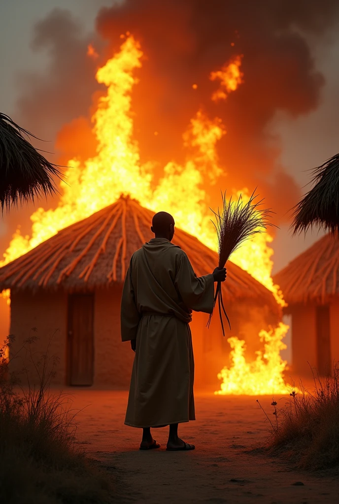 A african village pastor adding dried grass to the burning house 