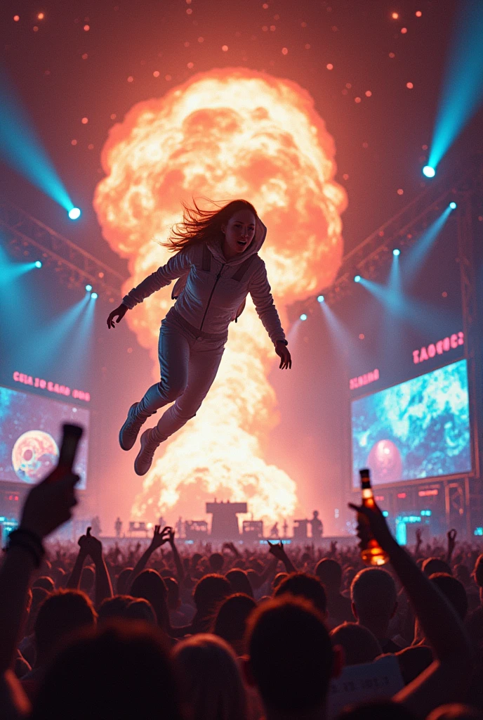 Woman fell from space to an electronic music concert and with the word sbagliato in the background, while a planet explodes and a bottle of whiskey is opened by a DJ