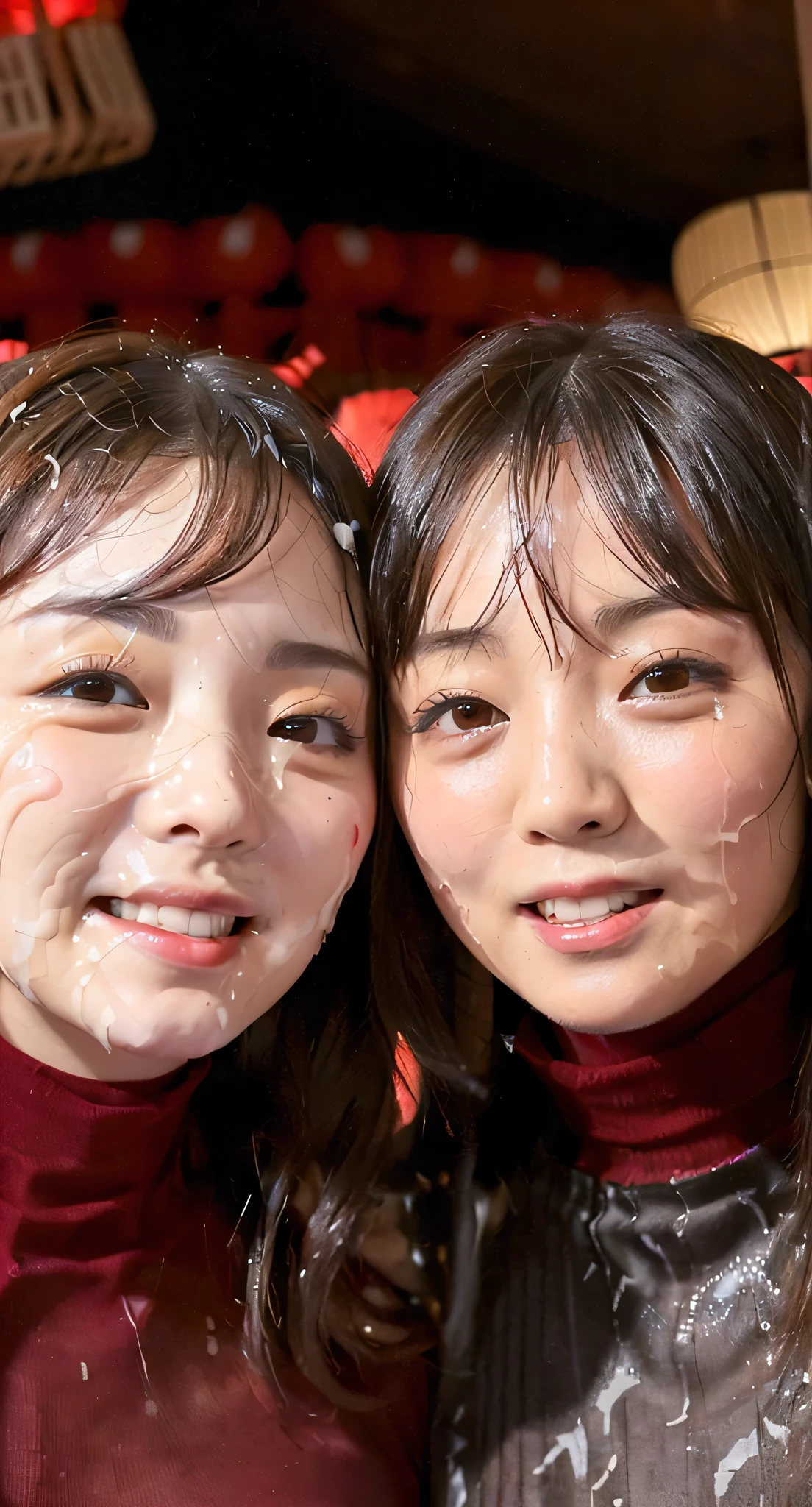 (Tabletop、Highest quality、8k、Award-winning works、Ultra-high resolution)、(Group photo of two women 1.4)、(The perfect red turtleneck:1.65)、(Smeared red turtleneck sweater:1.1)、Both((Very huge  bigger than a face:1.65))、Accentuate your body lines、very long wavy hair、Bright and shiny lipstick、(The biggest smile looks at me:1.1)、(Please smile widely and show your beautiful teeth.:1.1)、(Two women standing side by side:1.4)、Glowing Skin、(Face close-up:1.5)、(Background of the Japanese sexual festival:1.75)、Accurate anatomy、Ultra HD Hair、Ultra-high definition beauty face、Shining, Ultra-high resolution beautiful skin、Ultra-high resolutionの艶やかな唇、(Face covered in lots of:1.75)、(Two women facing the front:1.3)、(The body faces straight ahead:1.1)