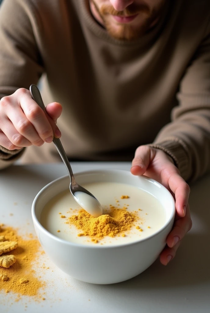 A small amount of milk with   ginger powder in bowl with man mixing also taking pic from upward 😉 
