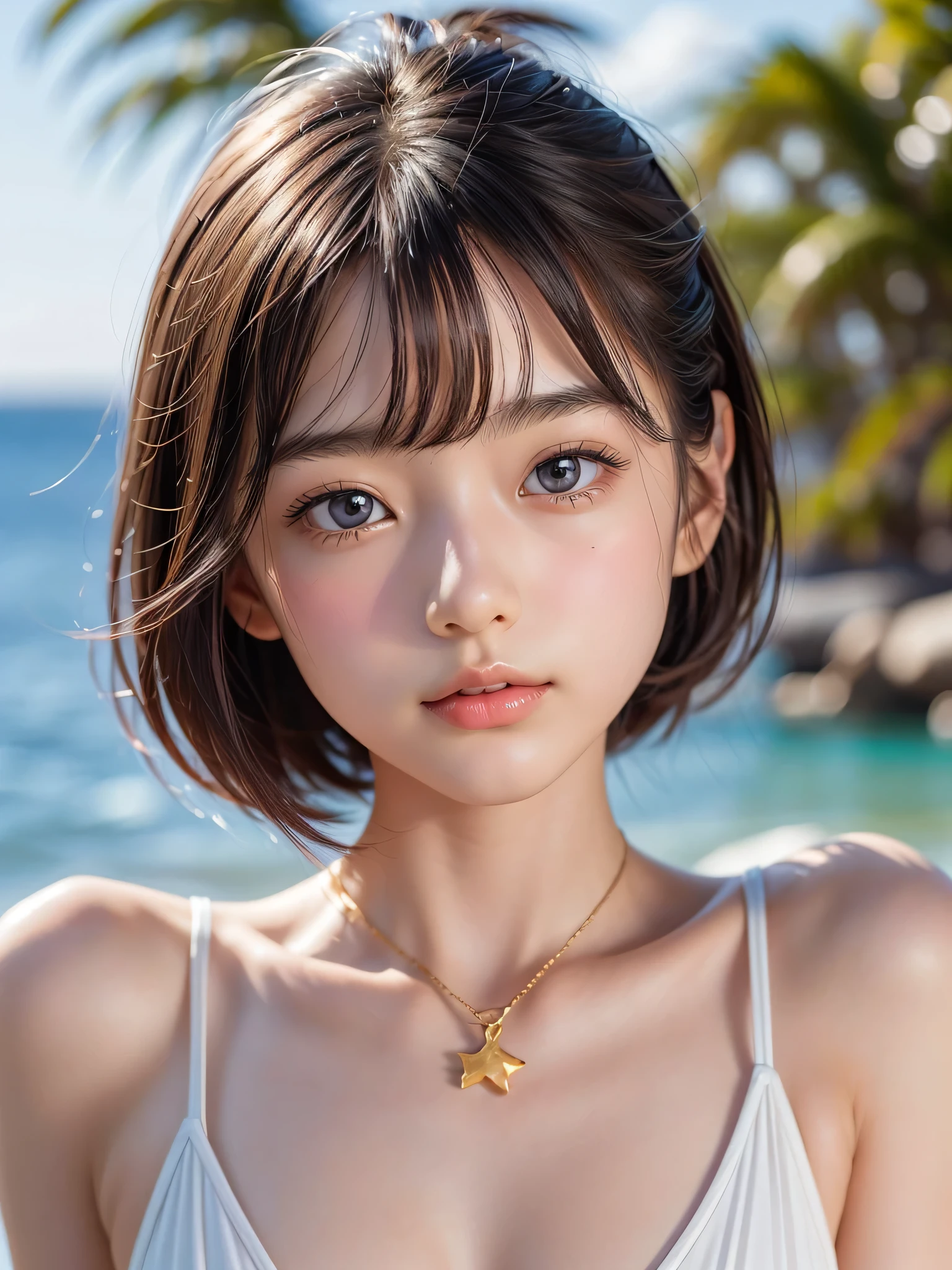 One Girl，(Very cute girl:1.3)，masterpiece，Highest quality，High resolution，Photorealistic，RAW Photos，Ray Tracing，Physically Based Rendering，beautiful girl，(:1.3)，cute，Big eyes，(detailed pupils:1.2)，(The face is facing sideways:1.3)，Body facing sideways，Beautiful nose，High nose，Upturned nose，Fuller lips，Short black hair，ponytail，short hair，Detailed eyelashes，Thin eyebrows，Very fine grain definition，(Golden Ratio:1.3)，(Face close-up，Face Focus:1.0)，Small breasts，Slim figure，Short neck，White swimsuit，White Bikini，Ocean，Southern Island，Blue sky，White cloud，Portrait，View Viewer，Upper Body，Cinema Lighting，High resolution，Very detailed