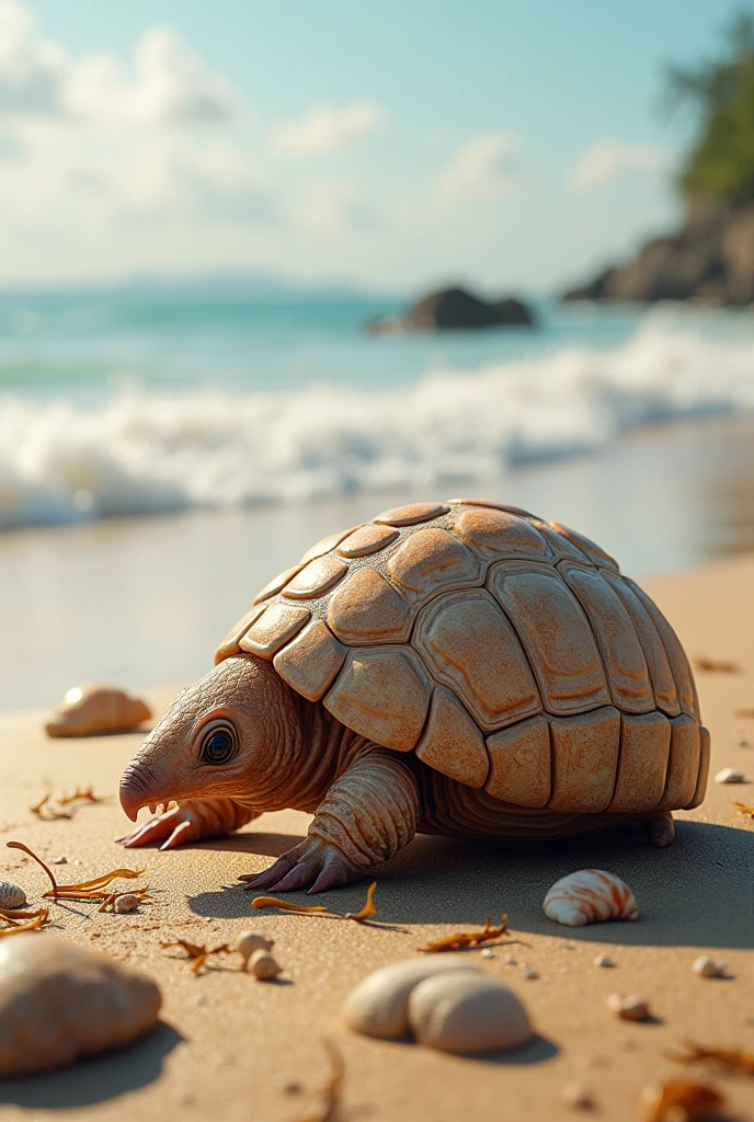 8k, Ultra resolution,photorrealistic,realistic armadillo shell on the beach