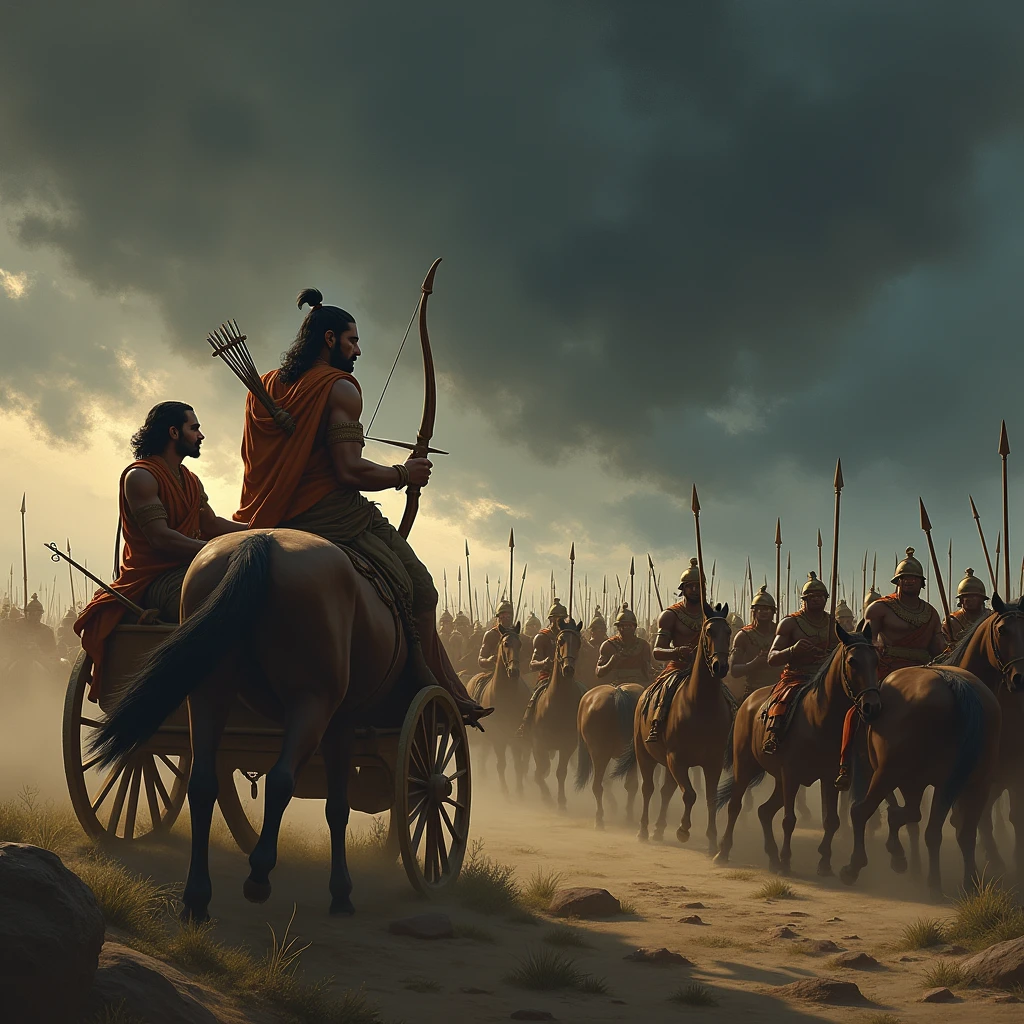 Illustrate Arjuna in his chariot, standing in the center of the battlefield, his bow lowered as he gazes at the vast army of the Kauravas. His face should express a deep sense of sorrow and internal conflict, as he contemplates the consequences of the battle. The Kauravas, depicted as formidable warriors, stand ready for battle, their faces obscured, symbolizing the faceless nature of war and aggression. In the background, a dark, swirling sky should reflect the turmoil in Arjuna's heart. Krishna, seated calmly beside Arjuna, should be portrayed with a serene, yet concerned expression, representing his divine wisdom and guidance. The image should evoke the heavy weight of Arjuna's realization that killing these aggressors will only bring sin and sorrow, not joy or peace.