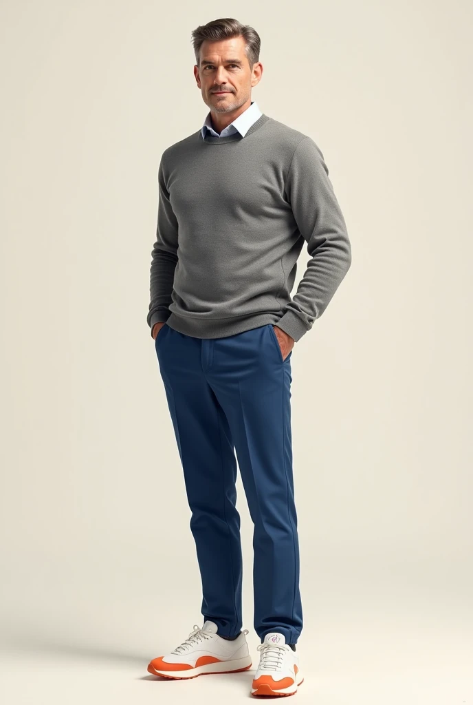man with short hair, gray sweater, blue pants, white shoes with orange soles

