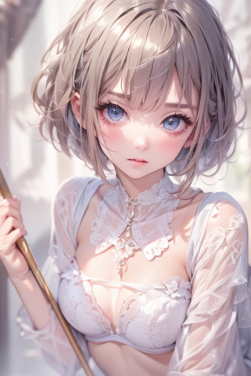 ((Highest quality)), ((masterpiece)), (detailed), A large amount:1.2),extremely detailed cute anime face, (((Flat Chest))), (Flat Chest:1.1),((((Short Bob Hair)))),Complex eyes,beautiful detailed eyes,Symmetrical eyes,(((detailed face))),beautiful detailed lips, If you look at this, (((Embarrassing))),(emotional expression),(My heart is pounding with anticipation.), A translucent white dress reveals her skin、String panties、Beautiful lace short bra,Aboard