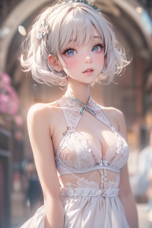 ((Highest quality)), ((masterpiece)), (detailed), A large amount:1.2),extremely detailed cute anime face, (((Flat Chest))), (Flat Chest:1.1),((((Short Bob Hair)))),Complex eyes,beautiful detailed eyes,Symmetrical eyes,(((detailed face))),beautiful detailed lips, If you look at this, (((Embarrassing))),(emotional expression),(My heart is pounding with anticipation.), A translucent white dress reveals her skin、String panties、Beautiful lace short bra，Aboard