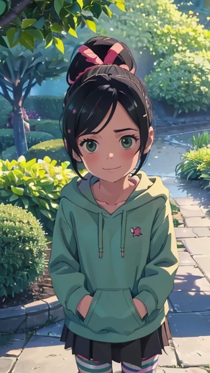 (1girl, solo, highly insanely detailed, masterpiece, top quality, best quality, highres, 4k, 8k, RAW photo),((innocent look)),((Childish)),From the front, symmetrical composition,smile,cute,Innocent,Kind eyes, kotonoha no niwa, park,flowers,lawn,trees, The Garden of Words, (xyzvanellope), upper body, female child, hair ornament, bow, striped, ponytail, hoodie, green, striped pantyhose,