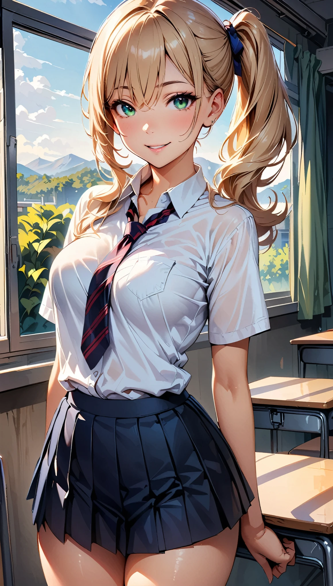 (masterpiece:1.2, top-quality), (photorealistic:1.2), beautiful illustration, (natural side lighting, movie lighting),
beautiful detailed hair, beautiful detailed face, beautiful detailed eyes, beautiful clavicle, beautiful body, beautiful chest, beautiful thigh, beautiful legs, beautiful fingers,
looking at viewer, 1 girl, high school girl, (perfect anatomy, anatomically correct, super detailed skin), cute and symmetrical face, perfect face, perfect eyes, babyface, shiny skin,
(middle hair, side ponytail, light brown hair), hair between eyes, dark green eyes, big eyes, glowing eyes, long eye lasher, (medium breasts seductive thighs, big ass), narrow waist,
(detailed cloth texture, break white collared shirt, break blue pleated skirt, cobalt blue and red stripe tie), break
(beautiful scenery), morning, (school classroom:1.2), standing, (lovely smile, upper eyes, parted lips),