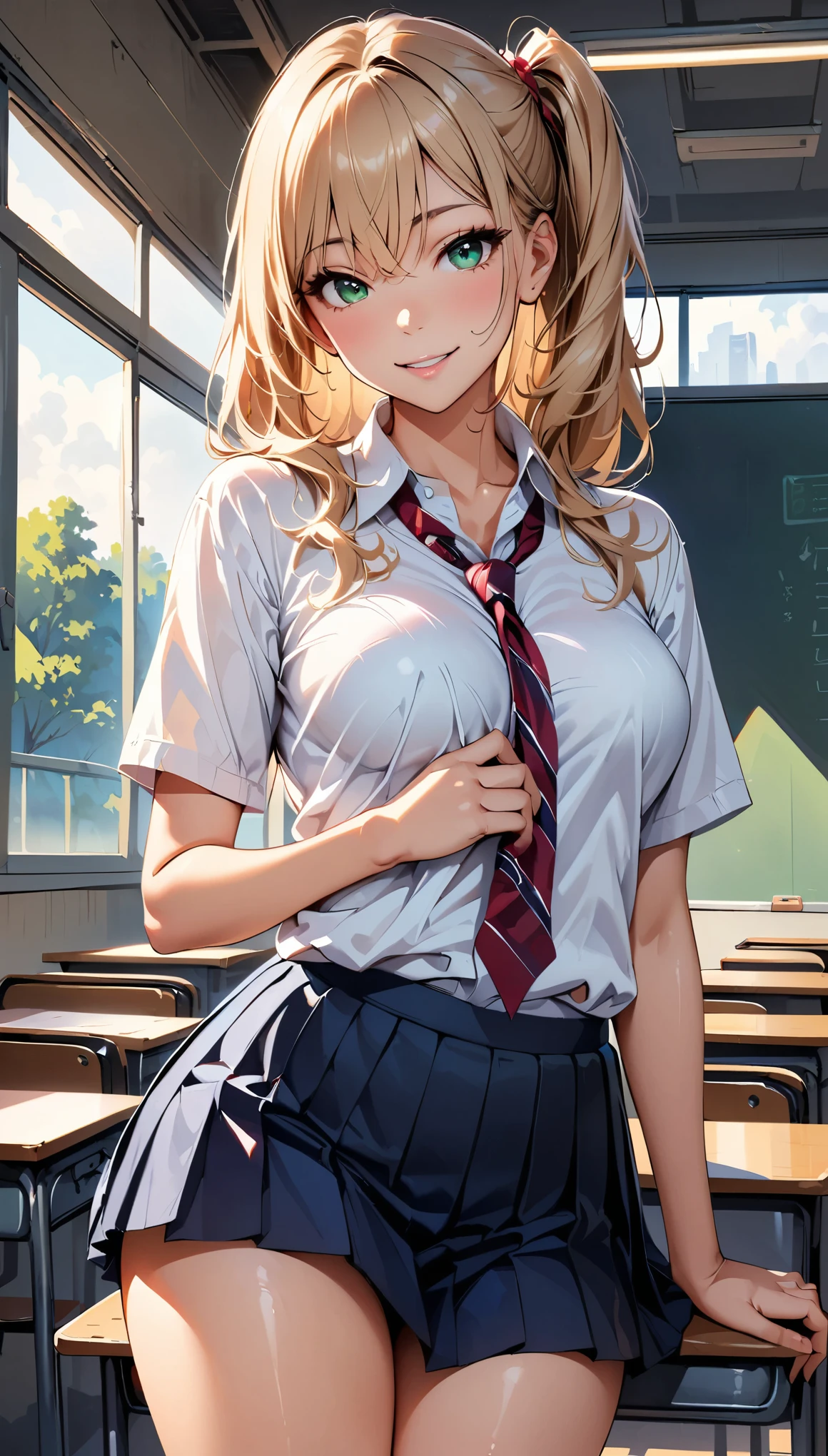 (masterpiece:1.2, top-quality), (photorealistic:1.2), beautiful illustration, (natural side lighting, movie lighting), 
beautiful detailed hair, beautiful detailed face, beautiful detailed eyes, beautiful clavicle, beautiful body, beautiful chest, beautiful thigh, beautiful legs, beautiful fingers, 
looking at viewer, 1 girl, high school girl, (perfect ???????, anatomically correct, super detailed skin), cute and symmetrical face, perfect face, perfect eyes, babyface, shiny skin, 
(middle hair, side ponytail, light brown hair), hair between eyes, dark green eyes, big eyes, glowing eyes, long eye lasher, (medium breasts seductive thighs, big ass), narrow waist, 
(detailed cloth texture, break white collared shirt, break blue pleated skirt, cobalt blue and red stripe tie), break 
(beautiful scenery), morning, (school classroom:1.2), standing, (lovely smile, upper eyes, parted lips), 