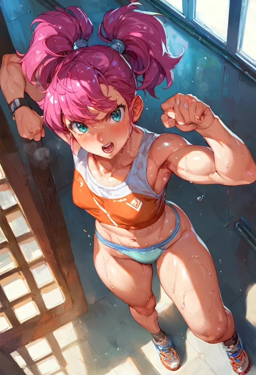 score_9_above, score_8_above, score_7_above, Meiko SHIRAKI, pink hair, Double ponytail hairstyle, misive is, sweaty, sweat drop,  is, Alone, Bermuda, thighs, dolphin Bermuda, inside, Best Quality, high quality, score_9_above, score_8_above, score_7_above, big is, fat is, misive is, bend, panties, sweaty panties, round is, misive is, shiny is, sweaty is, Niña pateando los genitalis de un niño, kicking the boy&#39;s penis, looking back, blue eyis, sadistic smile