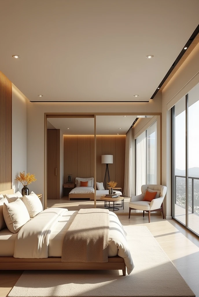 Photorealistic Modern and luxury bedroom interior design ideas in creame color theme.with bed near to bedroom door, door is located at left wall side of the bed. dressing room next to bedroom door , transparent glass cupboard ,balcony on the right side of the bed. Windows opposite to the bed , coffee table and two chairs near the window Generate exact same full room.