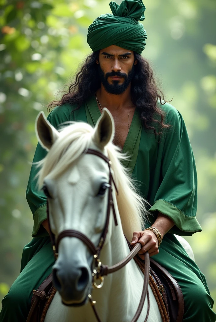 A very handsome young man is riding a white horse ,black long hair , blue eyes , triangle , healthy body, healthy face , big eyes with black beard white face green turban on head in a beautiful green color dress with green shirt full neck seeing in ground