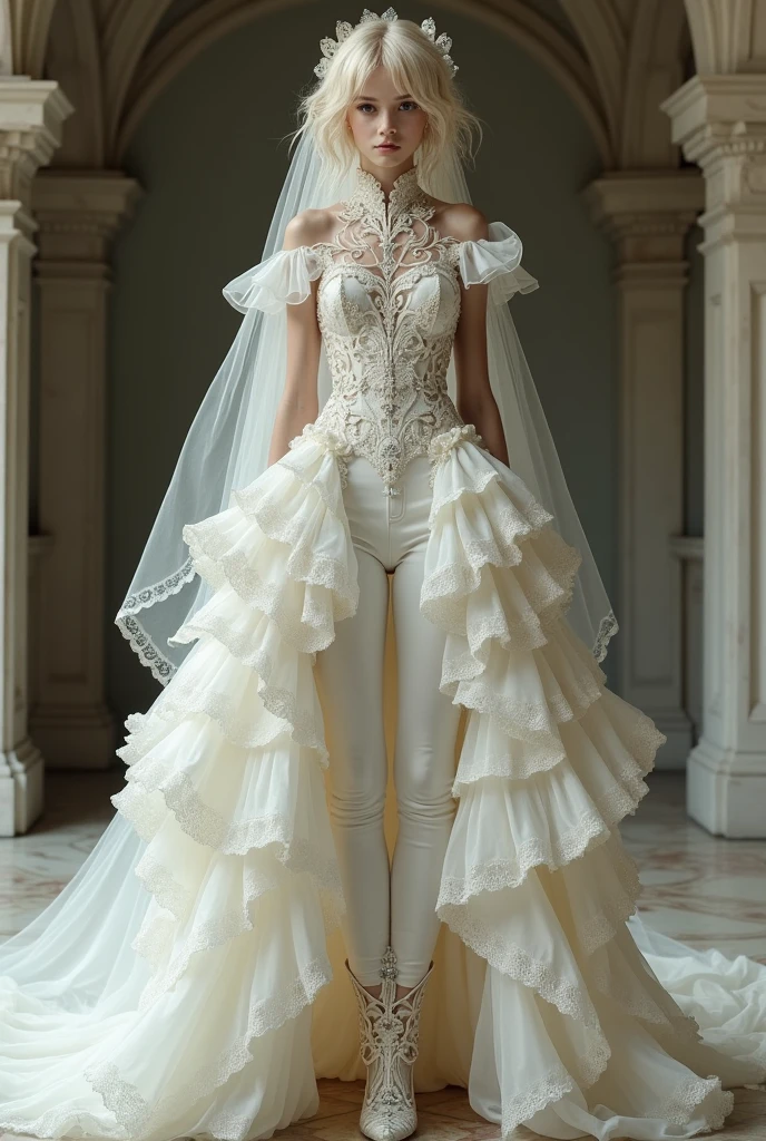 Young thin man, androgynous in appearance, white skin with blonde hair in layers waves, rococo groom dress. She wears a unique outfit that combines a dress with very tight white dress pants.. The pants are complemented by a layered dress train that starts at the waist., with lace and tulle. the top, an imperial collar with full lace at the waist, sleeveless, without transparencies, decorated with delicate ruffles and sewn crystals that add a touch of luxury. The ensemble is completed with a bridal veil in layers of more than five meters., elbow length lace gloves

