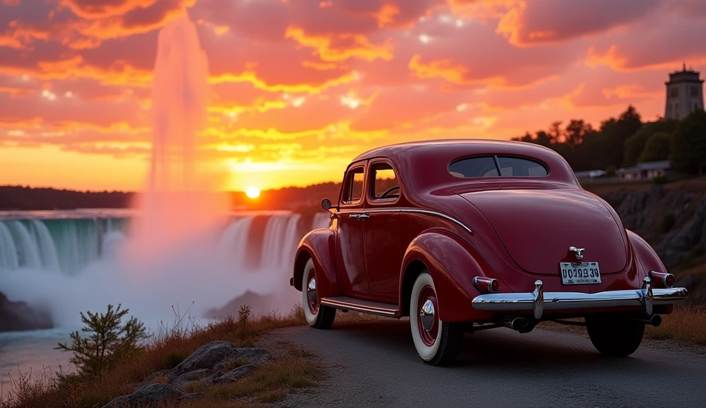 hudson terraplane 1937 Dark Red at the Niagara falls with a sunset