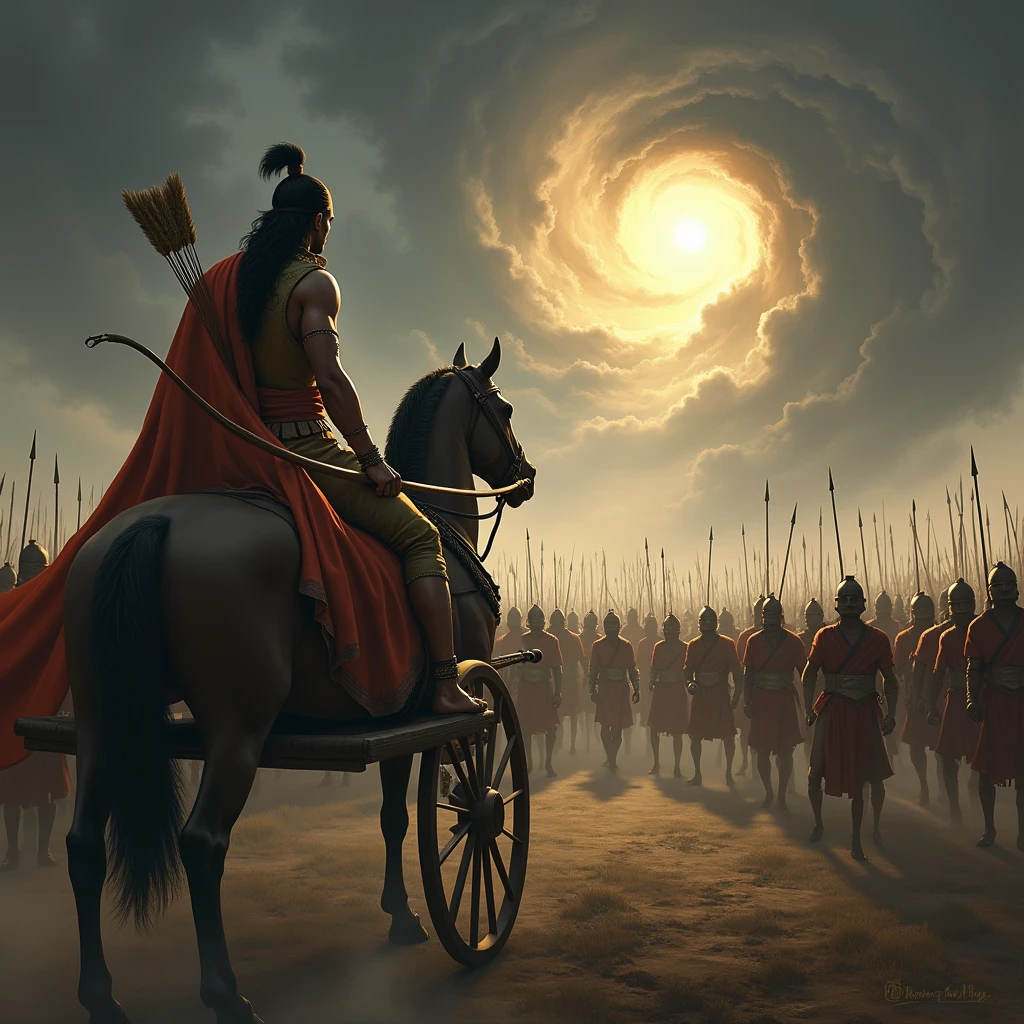 Illustrate Arjuna in his chariot, standing in the center of the battlefield, his bow lowered as he gazes at the vast army of the Kauravas. His face should express a deep sense of sorrow and internal conflict, as he contemplates the consequences of the battle. The Kauravas, depicted as formidable warriors, stand ready for battle, their faces obscured, symbolizing the faceless nature of war and aggression. In the background, a dark, swirling sky should reflect the turmoil in Arjuna's heart. Krishna, seated calmly beside Arjuna, should be portrayed with a serene, yet concerned expression, representing his divine wisdom and guidance. The image should evoke the heavy weight of Arjuna's realization that killing these aggressors will only bring sin and sorrow, not joy or peace.