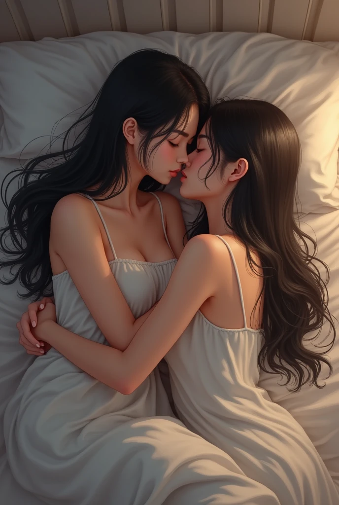 Me and my girlfriend (we're Asian lesbian) kiss in bed while hold each other hand 

We're girly with long hair
