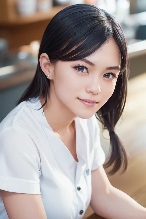 ((sfw: 1.4)),((detailed face, professional photography)), ((sfw, barista uniform,forehead, pulled back hair, 1 Girl)), smile, Ultra High Resolution, (Realistic: 1.4), RAW Photo, Best Quality, (Photorealistic Stick), Focus, Soft Light, ((20 years old)), ((Japanese)), (( (young face))), (surface), (depth of field), masterpiece, (realistic), woman, bangs, ((1 girl))