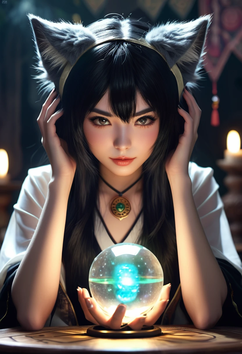 Monster Girl, Cat ear,20th Generation, fortune teller,Realistic Women, Black Hair,cute,spiritual,Front face