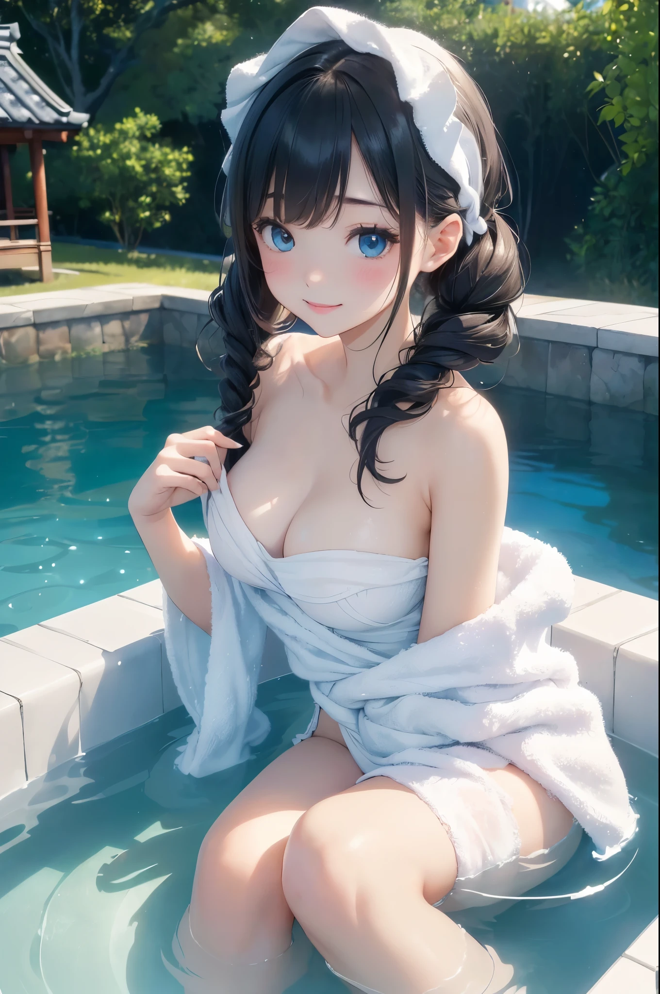 ((masterpiece)), ((highest quality、Ultra high definition)), (Very detailed),((8k、Photo quality))、((Amazingly cute girl))、(1 girl,)、Two people, , (Beautiful emerald blue eyes), ((smile)),((Ultra-luxury Japanese-style inn in Japan、A large open-air rock bath)), Beautifully arranged black hair in twin tails、Slim Body、(Cute little breasts)、(((A white bath towel is wrapped around her)))、Professional Lighting、(White lace knee-highore detailed and beautiful)、(More details and cutenesore realistic)、((Just wear light clothing))、Frolic in the pool、(Too cute)、(The embodiment of cuteness)、(Godly cuteness)、((Night view))、((You can barely see the top and bottom, but you can&#39;t.))、