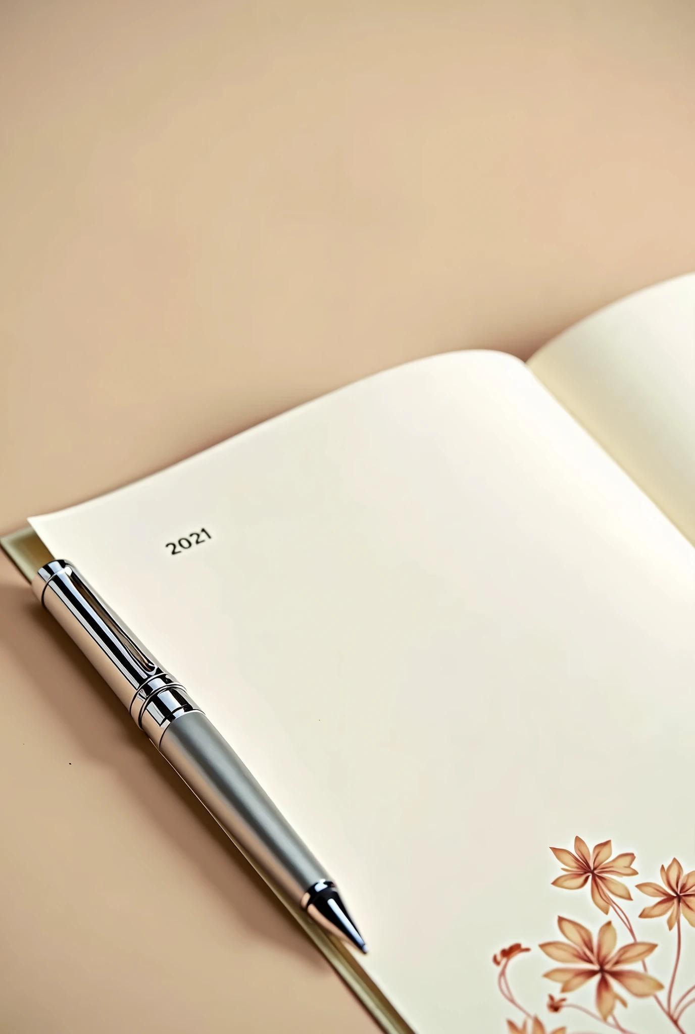 A white brownish page. The page with some flower design bottom side of the page. Left side of the page have a Parker Folio Stainless Steel Chrome Trim silver color Fountain Pen. Pen is completely silver color don't use other colors.
Pen onto the side corner of the page. Pen don't cover the page or the middle part of the page.