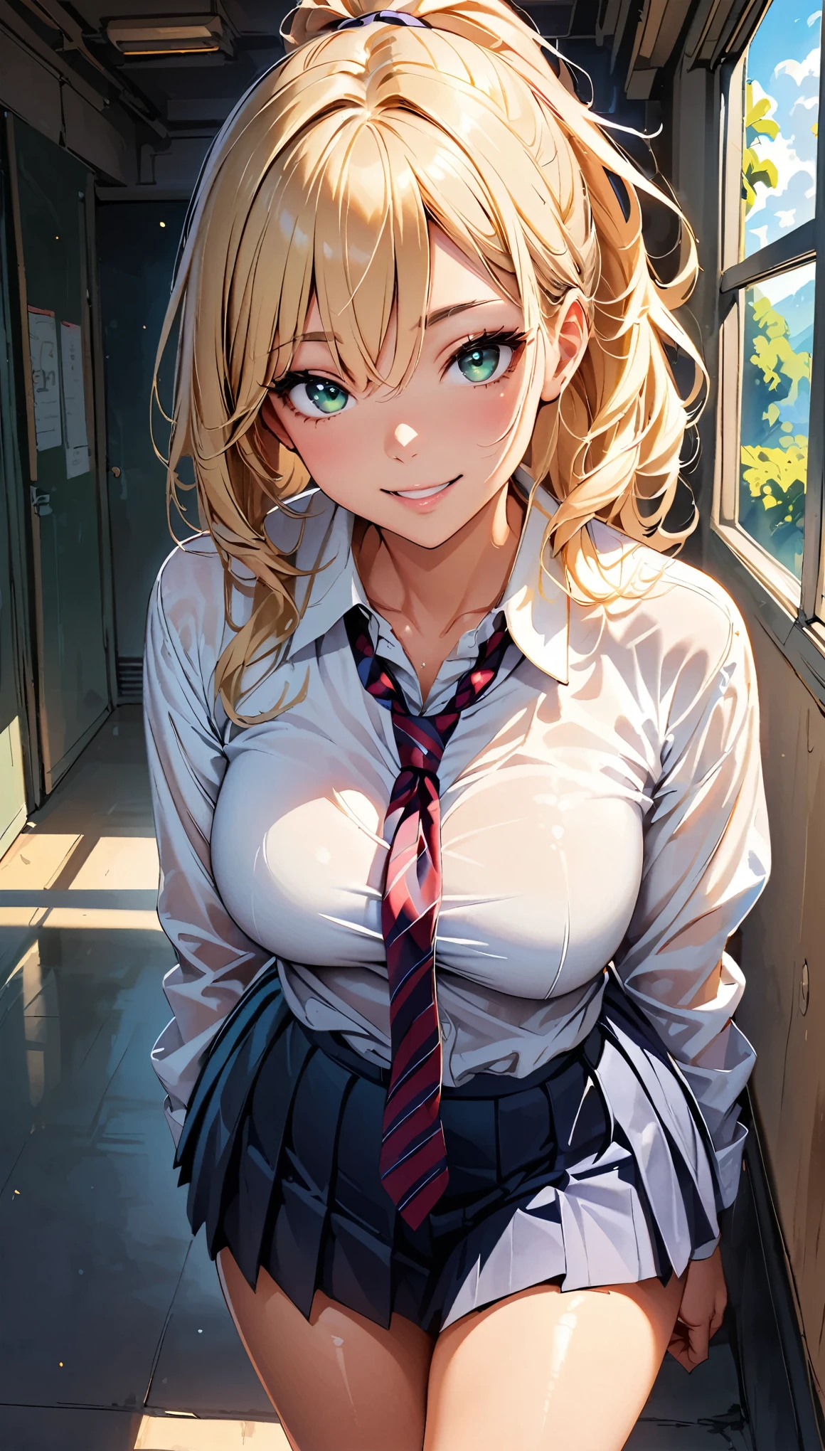 (masterpiece:1.2, top-quality), (photorealistic:1.2), beautiful illustration, (natural side lighting, movie lighting),
beautiful detailed hair, beautiful detailed face, beautiful detailed eyes, beautiful clavicle, beautiful body, beautiful chest, beautiful thigh, beautiful legs, beautiful fingers,
looking at viewer, 1 girl, high school girl, (perfect anatomy, anatomically correct, super detailed skin), cute and symmetrical face, perfect face, perfect eyes, babyface, shiny skin,
(middle hair, ponytail, blonde hair), hair between eyes, dark green eyes, big eyes, glowing eyes, long eye lasher, (medium breasts seductive thighs, big ass), narrow waist,
(detailed cloth texture, break white collared shirt, break blue pleated skirt, cobalt blue and red stripe tie), break
(beautiful scenery), morning, (school classroom:1.2), standing, (lovely smile, upper eyes, parted lips),